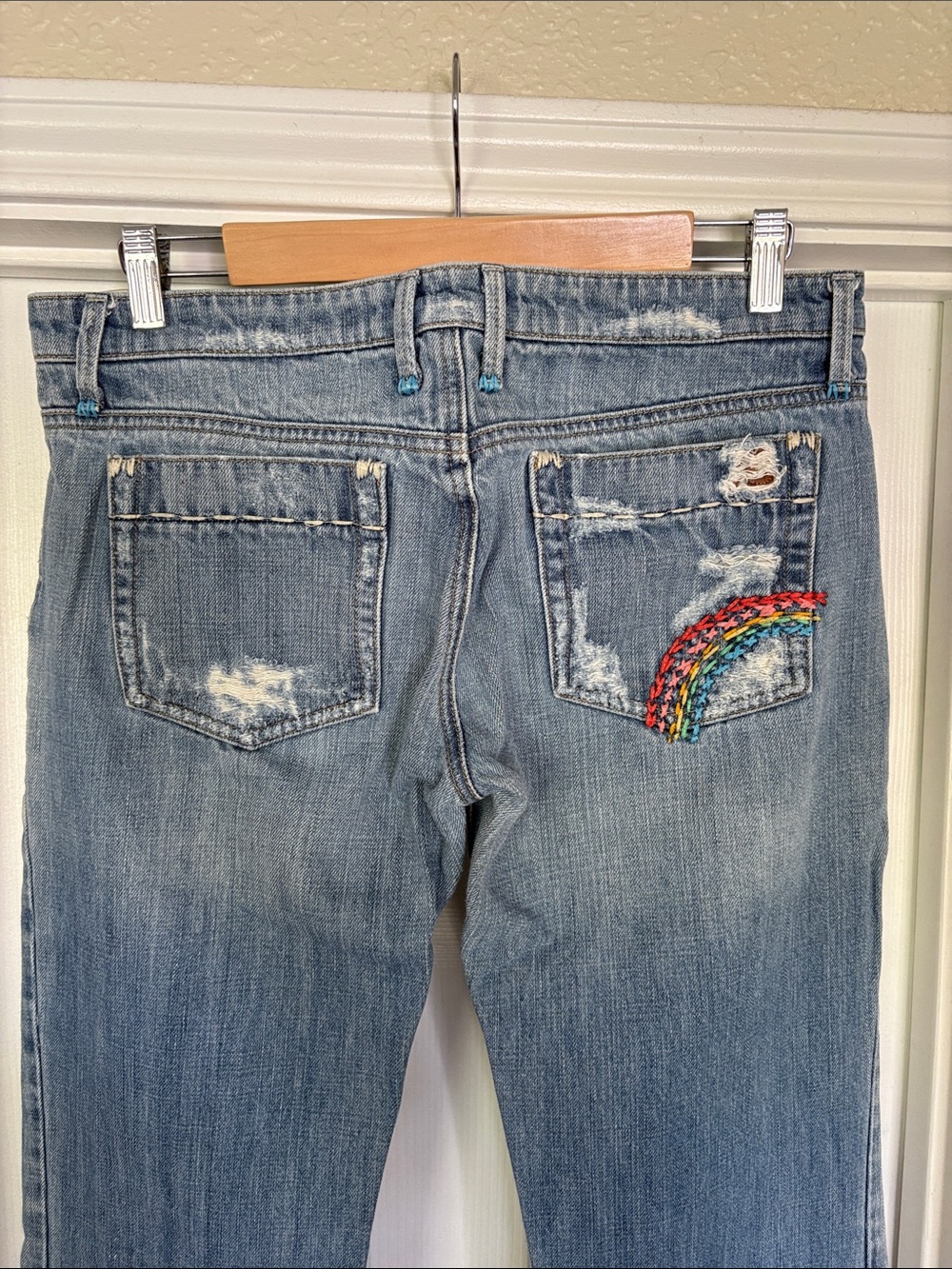 Joe's Jeans 1971 Light Blue Distressed Flare Jeans with Rainbow Embroidery